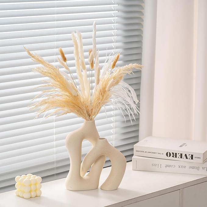 White Flower Vase Set - 2 Pack Minimalist Decor Ceramic Vase, Irregular Ceramic Modern Style Farmhouse for Kitchen Dining Table, Living Rooms, Bedrooms, Offices Decor (White)