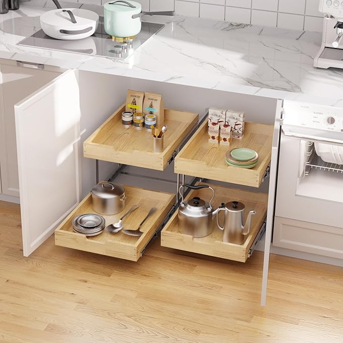 Wood Pull Out Cabinet Organizer 2 Tie 23" W x 21" D, Heavy-Duty Sliding Drawers for Inside Cabinets Storage and Organization for Kitchen, Pantry, Bathroom