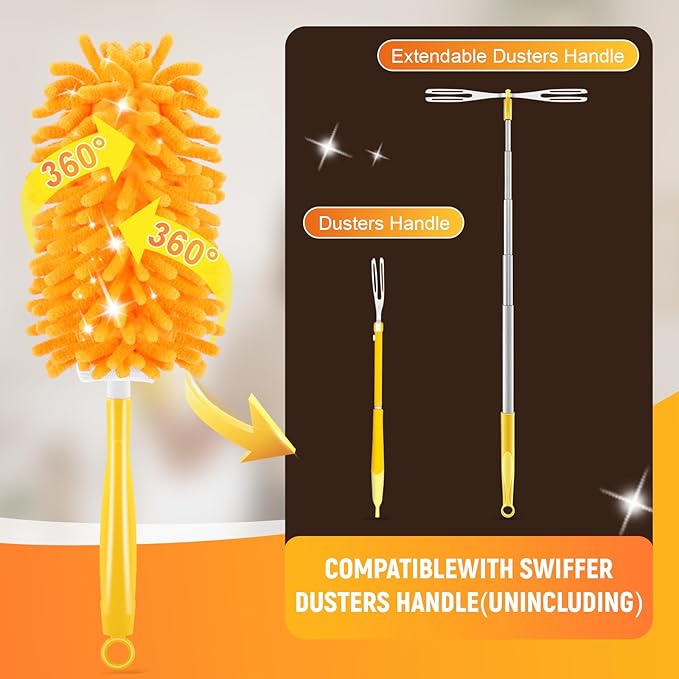 Reusable Duster Refill for Swiffer Duster Refill, 360° Heavy Duty Duster Refills Kit, 5 Pack with 1 Handle Microfiber Ceiling Fan Dusters for Cleaning(Orange, 9PCS)