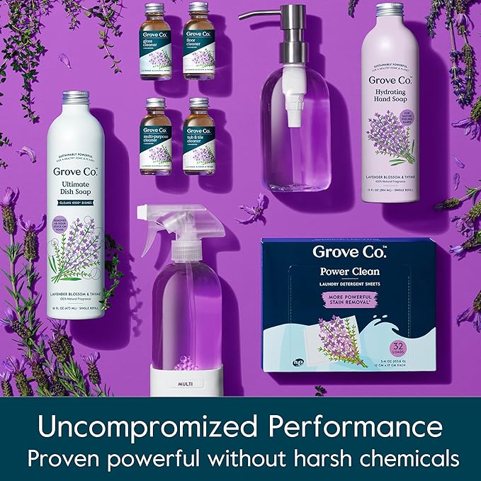 Grove Co. Ultimate Dish Soap Refills (3 x 16 Fl Oz) + Refillable Glass Dish Soap Dispenser for Kitchen Sink with Non-Slip Silicone Sleeve, Plastic Free Cleaning Products, Lavender Blossom & Thyme