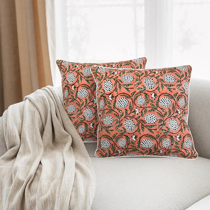 Ridhi Dark Salmon Pink Block Print Cotton Canvas Throw Pillow Covers for Decorative Couch Pillows for Living Room, Chic Boho Cute Outdoor Valentine Pillows Covers Gifts 20x20 Inches