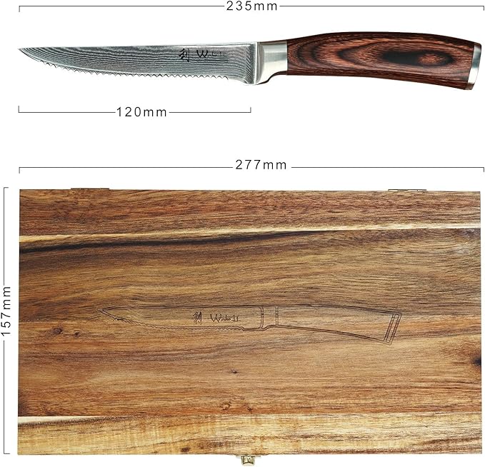 Wakoli EDIB 4-Piece Steak Knife Set – Dining Knives | Genuine Damascus Steel Blades with VG10 Core | Ergonomic Pakkawood Handles | Premium Steak Cutlery in Wooden Gift Box