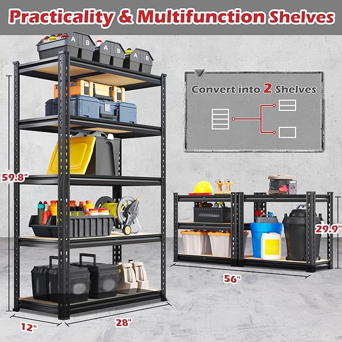 REIBII Storage Shelves 2020LBS Garage Shelving Heavy Duty 5 Tier Metal Shelving Adjustable Utility Shelf Rack for Garage Pantry Closet Kitchen Basement 28" W x 12" D x 59.8" H, 3 Pack