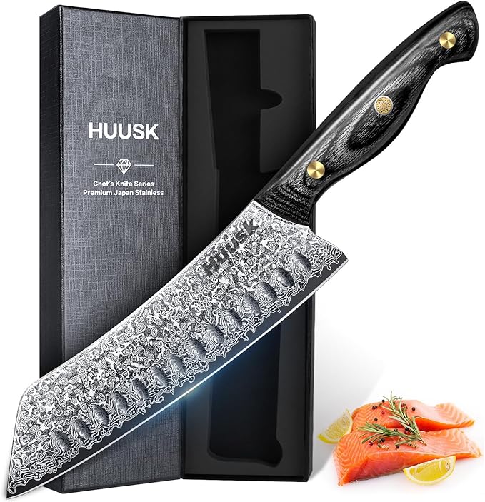 Huusk Damascus Kiritsuke Knife 7inch - Japanese Knives with Sharp Edge and Wooden Handle Hand Forged Chef Knives for Home Use, Meat Vegetables Fish Knives, Birthday Gift for Men
