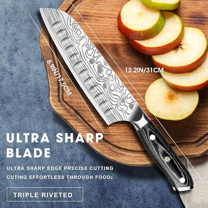 MOSFiATA Santoku Knife- 7 Inch Vegetable Knife Ultra Sharp Chopping Knife- Forged EN.4116 German Steel- Including Sheath,Finger Guard,Knife Sharpener,Full Tang,Best Gifts with Handmade Gift Box