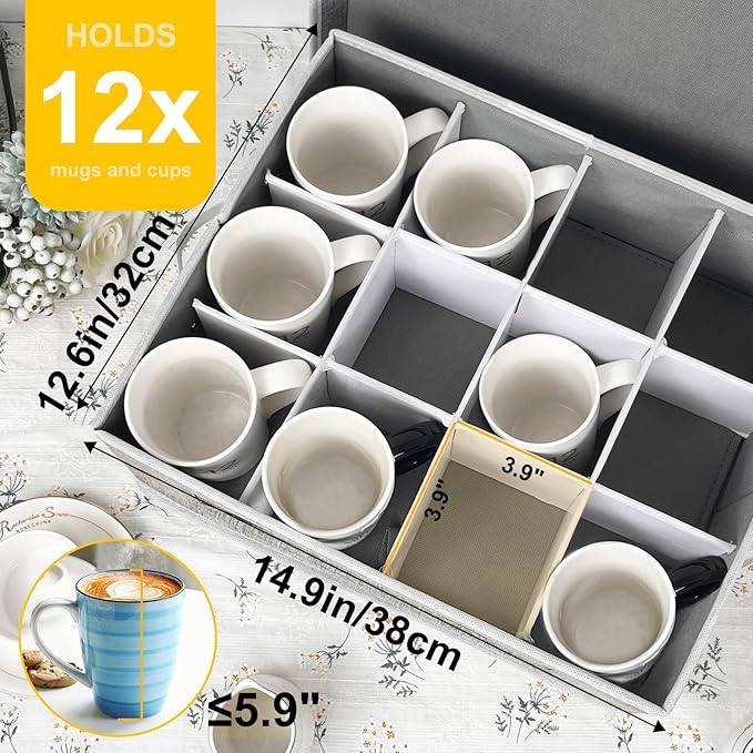 homyfort Mug and Wine Glass Storage Box with Dividers, Stemware Storage Cases and Coffee Cup Storage Organizer, China Crystal Storage Containers Hard Shell for Glassware Protection and Moving (Grey)