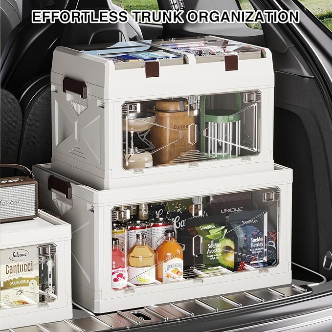 Closet Organizer and Storage Box, Large Essential Collapsible Plastic Car Trunk Container with Clear Lids and Doors, Open Front Multifunctional Stackable Bin for Bedroom, Dorm Room, Craft 80 L