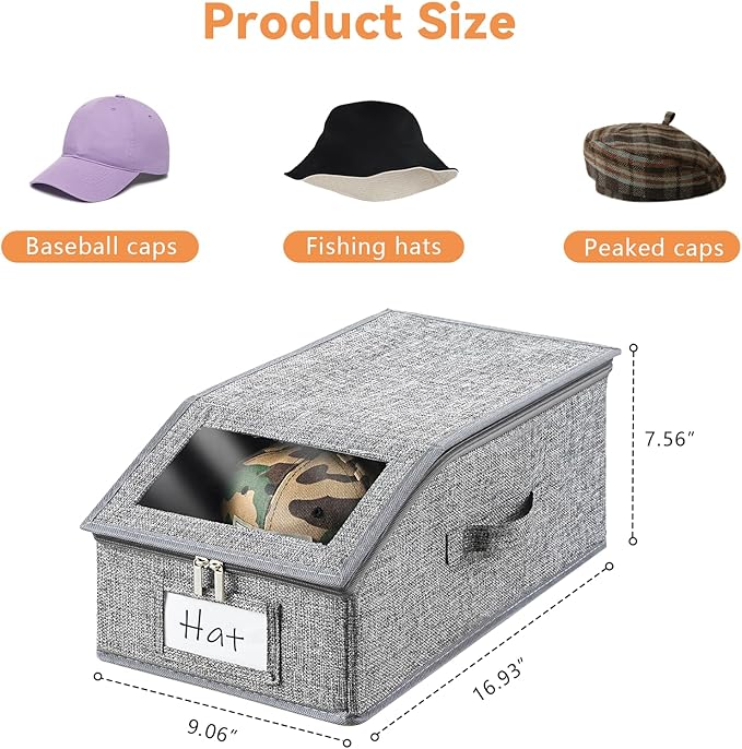 Hat Organizer for Baseball Cap, Hat Storage for Closet with Clear Window, 2 Pack Stackable Storage Organizer Holds up to 24 Caps, Breathable Fabric Box for Snacks, Toys, Socks (Grey)