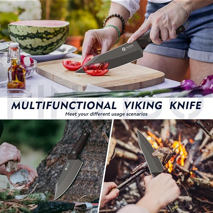 FINTISO 14C28N Steel Viking Knife, Japanese Butcher Knife with G10 Handle, Ultra Sharp Meat Cleaver Boning Knife for Meat Cutting, Outdoor Kitchen Chef Knife Best Gift (Red)