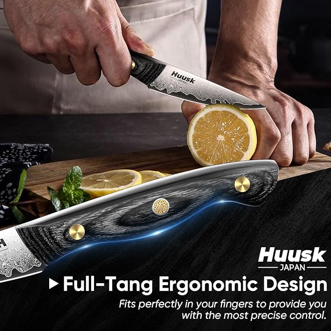 Huusk Damascus Paring Knife, 3 Inch Japanese VG10 Fruit Knives, Small Kitchen Knives for Precision Cutting, Full Tang Peeling Knives with Wooden Handle Coring, Trimming, Birthday Dad Mom Gift