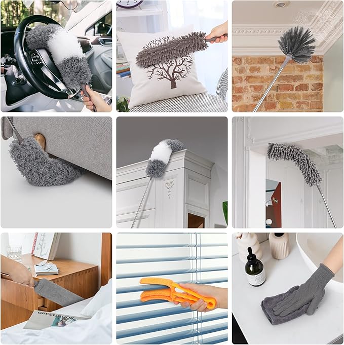 12pcs Microfiber Dusters, Duster with Extension Pole(Stainless Steel) 30 to 100'', Washable Dusters, Bendable Extendable Long Feather Duster for Cleaning Fan, High Ceiling, Blinds, Furniture, Cars