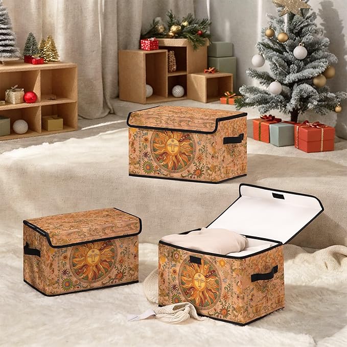 Stackable Clothes Storage Bins with Lids,Closet Organizers Fabric Box for Home and Office,Blanket Clothes Organizers,Under Bed Storage Containers 3 Pack(Sun).