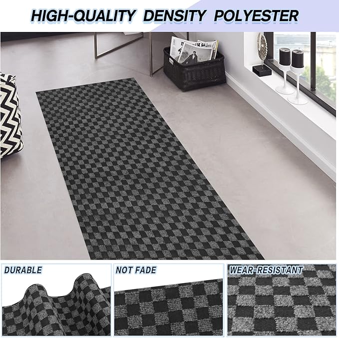 Custom Size Backed Non-Slip Area Rugs Runner, Easy Clean, Waterproof Runner Rugs for Hallway Entryway, Kitchen, Laundry, 3FT x 8FT, Gray Checkered