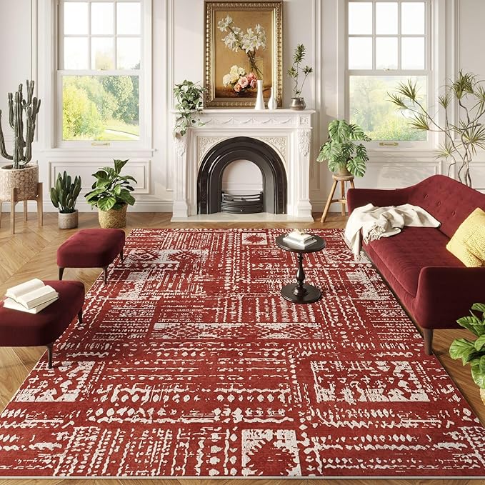 Rugcomf Area Rugs 8x10 Rug for Living Room Clearance Washable Boho Area Rug Non Slip Moroccan Vintage Low Pile Large Rug for Living Room, Bedroom, Farmhouse, Dining Room, Kids Playroom(Terracotta)