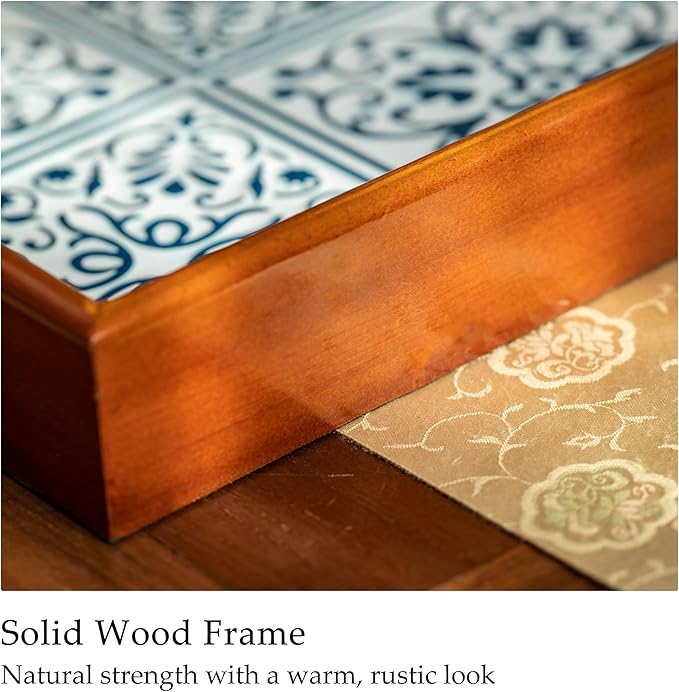 Rustic Wooden Frame Tray with Iron Printed Blue White Pattern, Mediterranean Style Decorative Serving Tray, Velvet Lined Base, Multi-Layer Construction for Home Decor and Organizing 15.6"x11.6"x2.2"