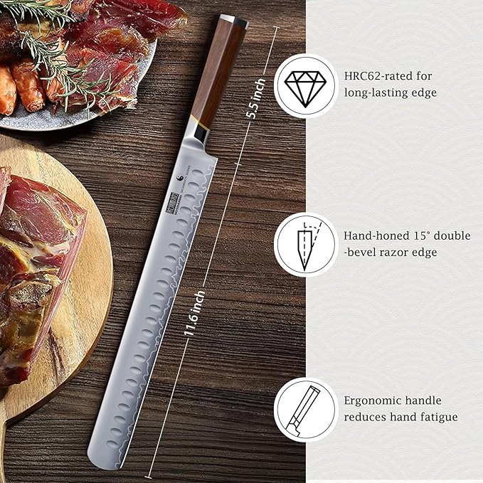 HOSHANHO Brisket Knife 12 Inch, Japanese High Carbon Steel Carving Knife for Meat Cutting and BBQ, Razor Sharp Slicing Knives with Ergonomic Handle & Gift Box