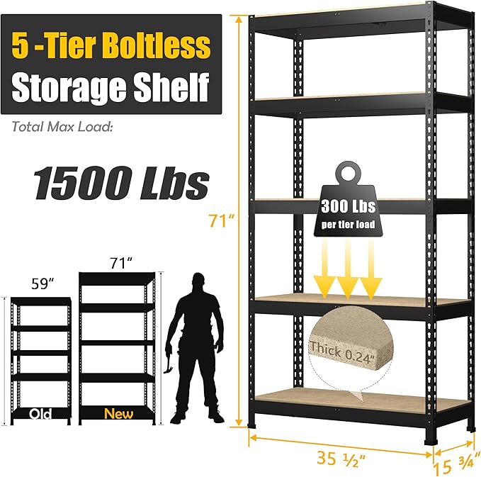 PrimeZone Storage Shelves 2 Packs 5 Tier Adjustable Garage Storage Shelving, Heavy Duty Metal Storage Utility Rack Shelf Unit for Warehouse Pantry Closet Kitchen, 35.5" x 15.75" x 71", Black