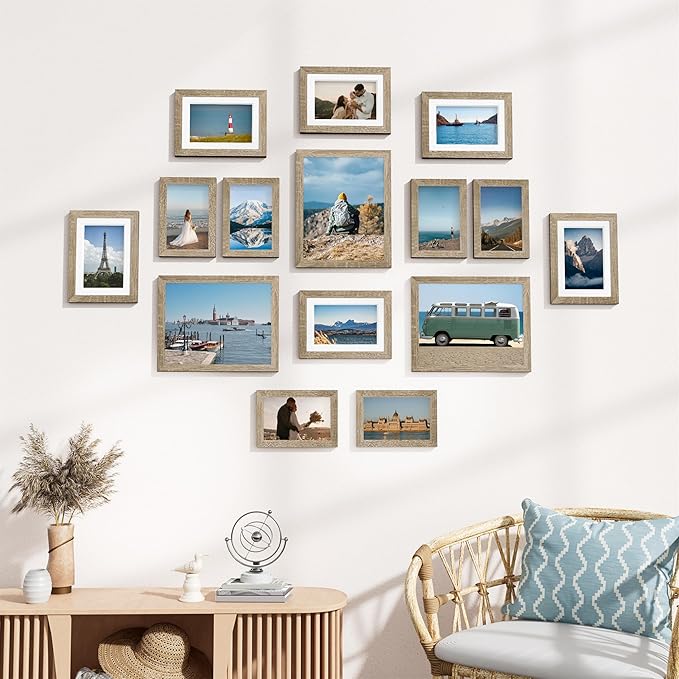 Vittanly 15 Pack Picture Frames Collage Wall Decor, Multi Sizes Including 3pcs 8x10, 6pcs 5x7 and 6pcs 4x6 Photo Frames, Gallery Frame Set for Wall or Tabletop Display, Light Wood