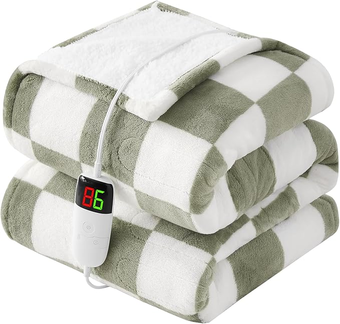 Sage Green Heated Blanket Electric Twin Size, 62X84 Heating Blanket with 10 Heat Levels & 8 Hours Auto Off, Checkered Plaid Soft Fleece Sherpa Blankets Warmer Gifts for Couch Grandma Women Adults, ETL