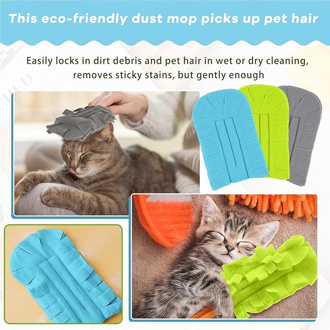 Zubebe 3 Pcs Duster Refill Reusable Fleece Duster Refills Feather Flat Dusters Multi Surface Washable Cleaning Pads Tools for Home, Blinds, Car, Pet, Furniture, Fans (Blue,Green,Gray)