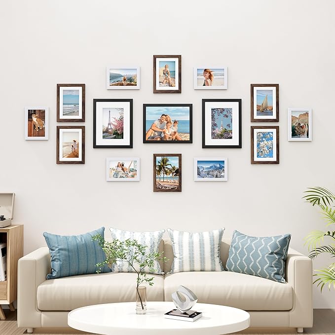 Vittanly 15 Pack Picture Frames Collage Wall Decor, Multi Sizes Including 3pcs 8x10, 6pcs 5x7 and 6pcs 4x6 Photo Frames, Gallery Frame Set for Wall or Tabletop Display, Black, Brown and White