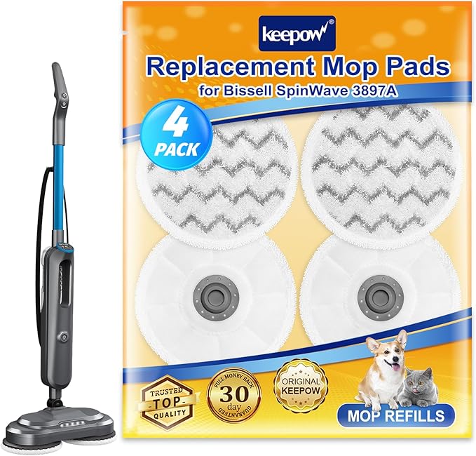 KEEPOW Spinwave Mop Pads Compatible with Bissell SpinWave SmartSteam Scrubbing Steam Mop 3897A 3712C 3712W, Rotating Mop Replacement Pads (4 Pack)