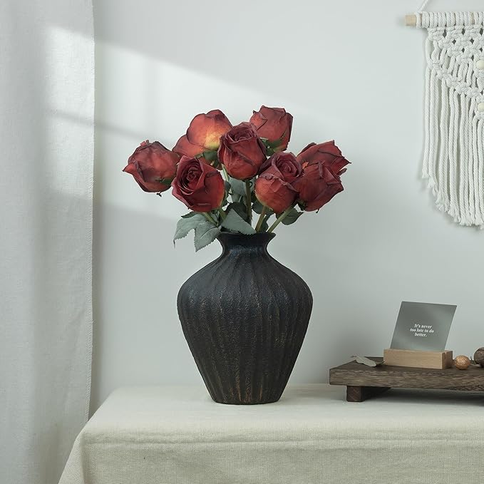 Black Ceramic Vase 7.95 Inch – Handmade with Hand-Painted Gold Detailing – Sculptural Art Decor for Modern Minimalist Home – Organic Tabletop Flower Vase for Living Room or Shelf