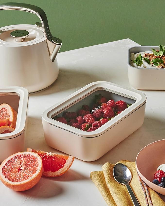 Caraway 2pc Glass Food Storage Set - 6.6 Cup Food Containers (2) - Ceramic Coated - Non Toxic, Non Stick Lunch Box with Lids. Dishwasher, Oven, & Microwave Safe - Gray