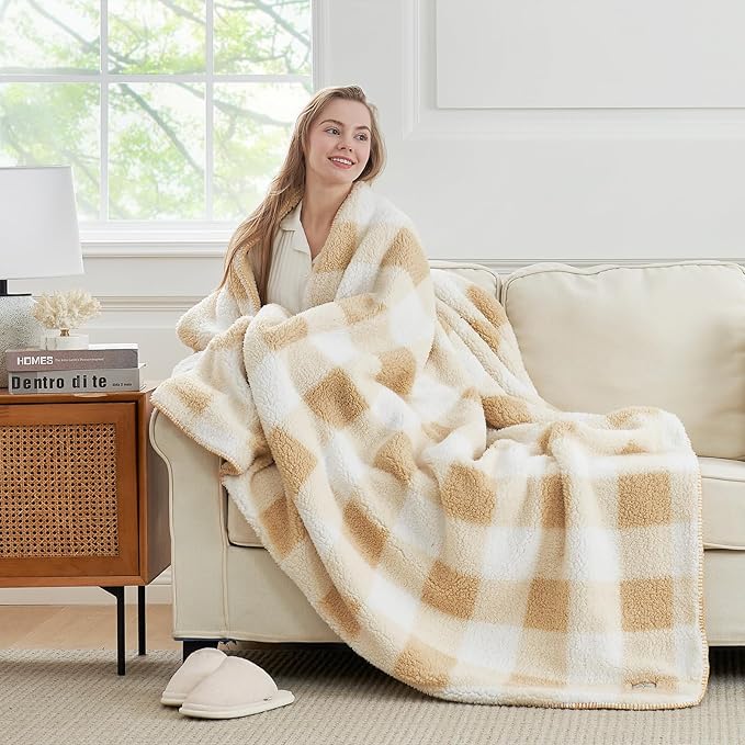 Cozy Bliss Luxury Sherpa Throw Blanket for Couch, Premium Reversible Buffalo Plaid Thick Throw, Warm Cozy Soft Blanket for Home and Gifts (Beige, 50" x 60")