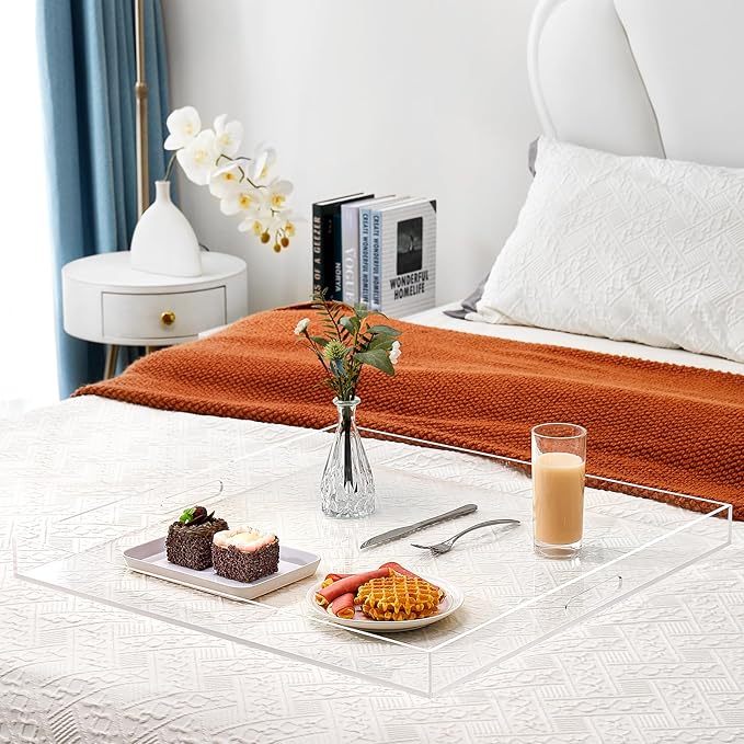 16×16 inches Oversized Clear Acrylic Ottoman Tray Extra Large Decorative Tray Spill-Proof Serving Trays with Handles King-Size Safe Edge Organizer for Coffee Table Countertop Breakfast