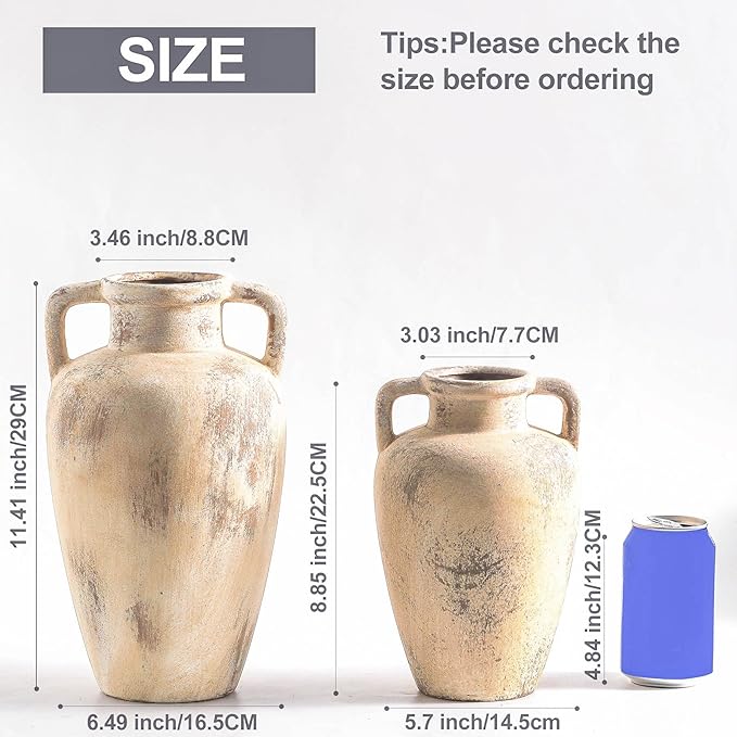 Ceramic Flower Vase, 8.85 inch Tall Terracotta Vase with 2 Handles, Rustic Farmhouse Vase for Home Decor, Living Room Shelf Decor, Enterway, Table