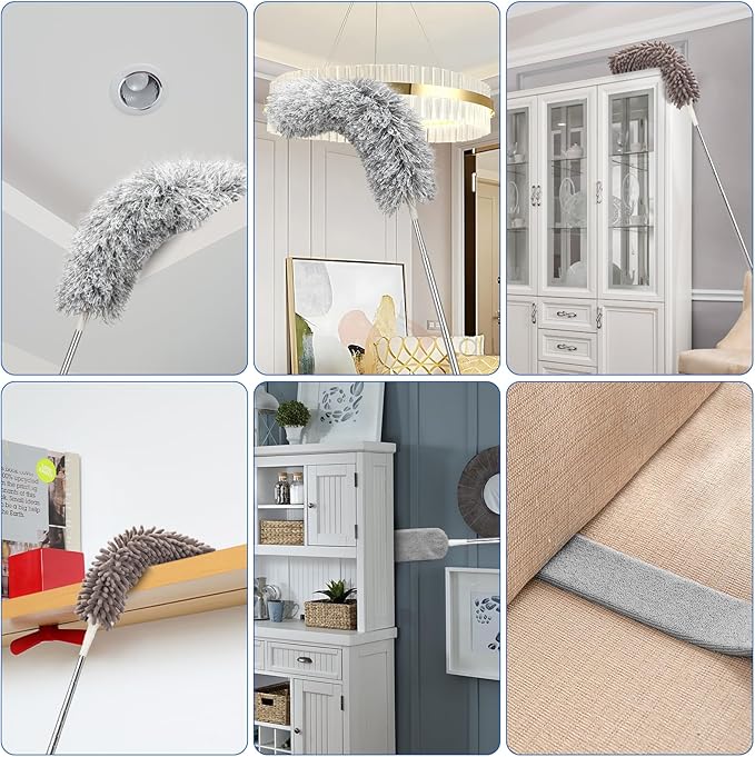 Microfiber Duster with Extension Pole(Stainless Steel) 30 to 100 Inches, Washable Dusters, Reusable Dusters, Bendable Duster for High Ceiling, Cleaning Ceiling Fan, Furniture, Blinds, Cars