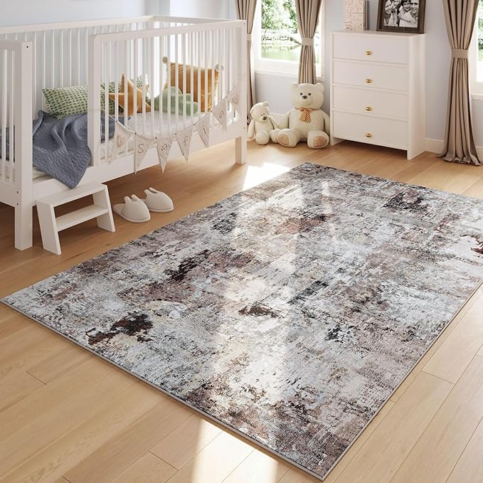 Rugcomf Modern Abstract 5'x7' Area Rugs - Machine Washable, Non-Slip Low Pile Boho Carpet for Living Room, Bedroom, Dining Room, Farmhouse, Kids Playroom, Office - Brown