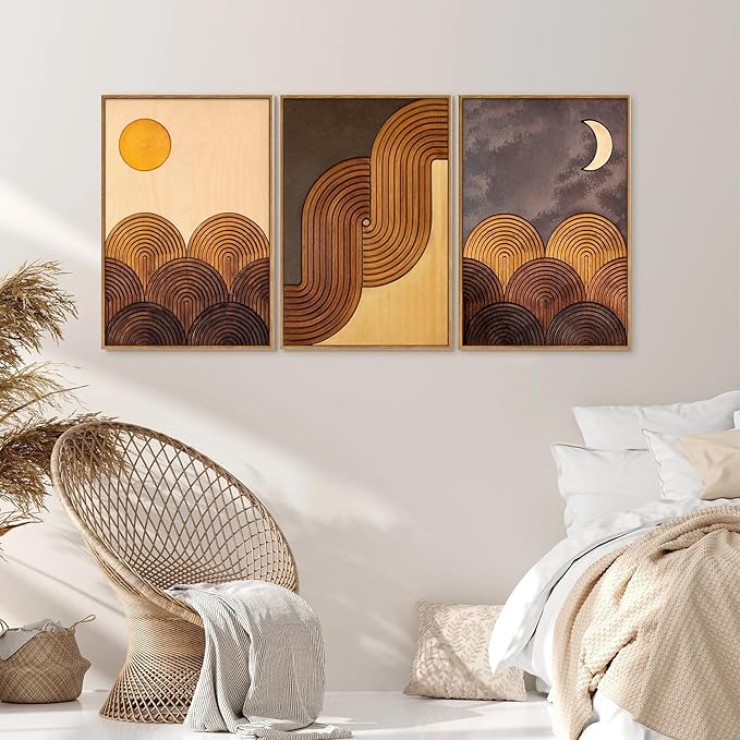 Tinonedraw Boho Mountain Framed Canvas Wall Art Set, Mid Century Modern Geometric Line Wall Decor, Bohemian Sun and Moon Art Paintings, Beige Brown Wooden Artwork for Living Room Bedroom Office 16"x24"x3