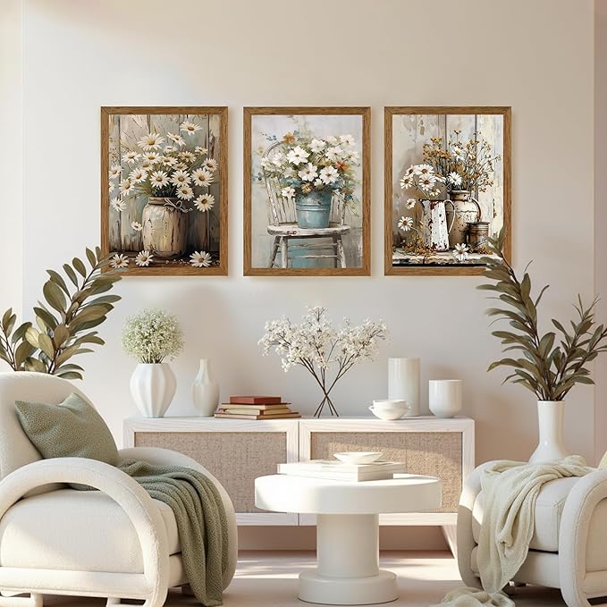 DUWQU 3 Piece Framed Elegant Farmhouse Canvas Wall Art, Vintage Floral Pictures Art Wall Decor, Nature Themed Daisy Art Prints for Living Room Bedroom Kitchen and Office Ready to Hang 12×16 Inches