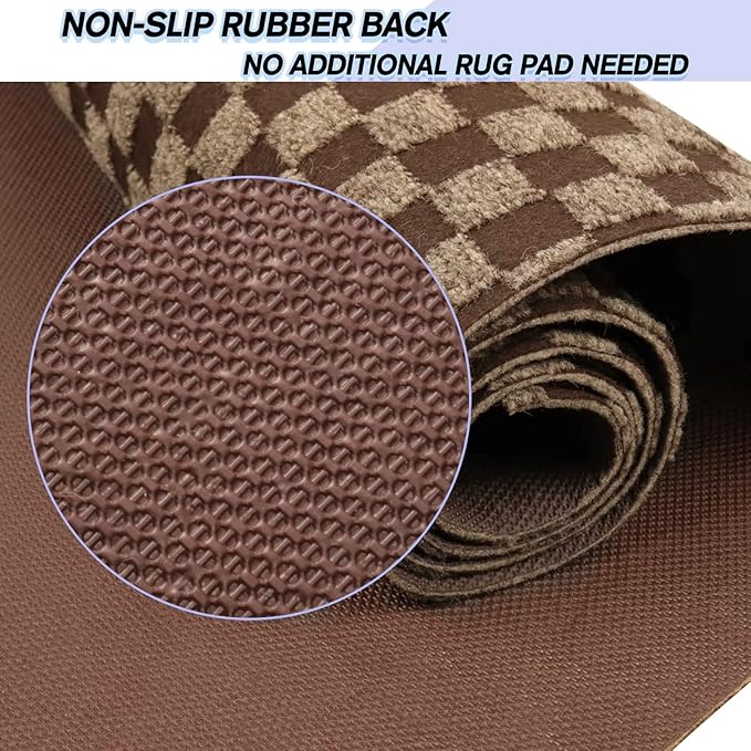 Custom Size Backed Non-Slip Area Rugs Runner, Easy Clean, Waterproof Runner Rugs for Hallway Entryway, Kitchen, Laundry, 4FT x 60FT, Brown Checkered