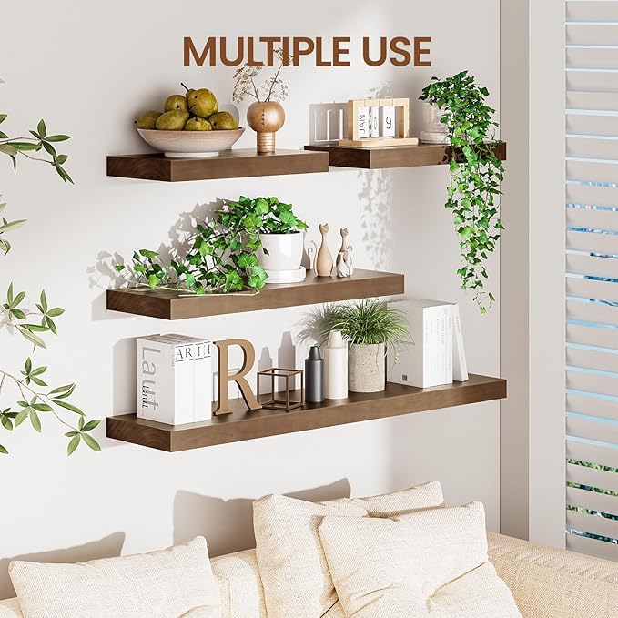 Heimlove Floating Shelves for Wall,2 Packs 16 inches Natural Pine Solid Wood Bathroom Shelf Over Toilet Decor and Storage 8 inches Deep for Kitchen Bedroom Office & Living Room Wall Decor