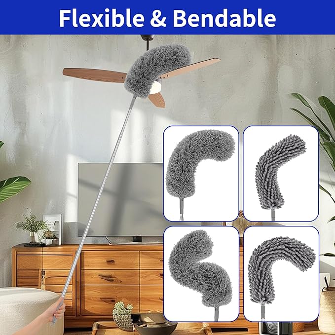 PHABLUS 10 PCS Dusters for Cleaning, Microfiber Duster with Extension Pole Up to 100'', Bendable Washable Cleaner Dusters for Ceiling Fans, High Ceiling, Furniture, Blinds