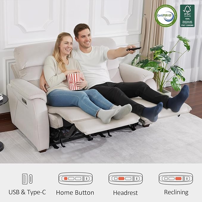 MCombo Zero Wall Recliner Loveseat, Power Recliner Loveseat with Adjustable Headrest, USB A & C Charge Ports, Wood Legs, for Living Room, RVs, Small Spaces (Fabric, ST258M1, Beige)