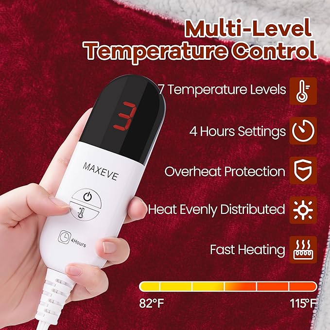 Heated Blanket Wearable Electric Blanket with Hood and Pockets, Heating Throw Blanket, Electric Heated Wrap Shawl with 6 Heating Levels Setting & 4 Hours Auto Shut Off, Machine Washable(Shrot, Wine)