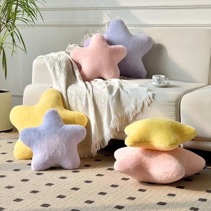Xiashrk Star Pillow, Decorative Throw Pillows for Bed Couch, 19.6" Star Shaped Pillow Plush Floor Cushions Room Decor Pillow with Soft Faux Rabbit Fur for Sofa Bedroom Living Room