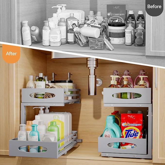 Under Sink Organizer, 2 Tier Under Sink Organizers and Storage, Adjustable Height, Slide Out Metal Cabinet Organizers, Pull Out Cabinet Storage Drawer Shelf for Kitchen Bathroom Gray, 2 Pack