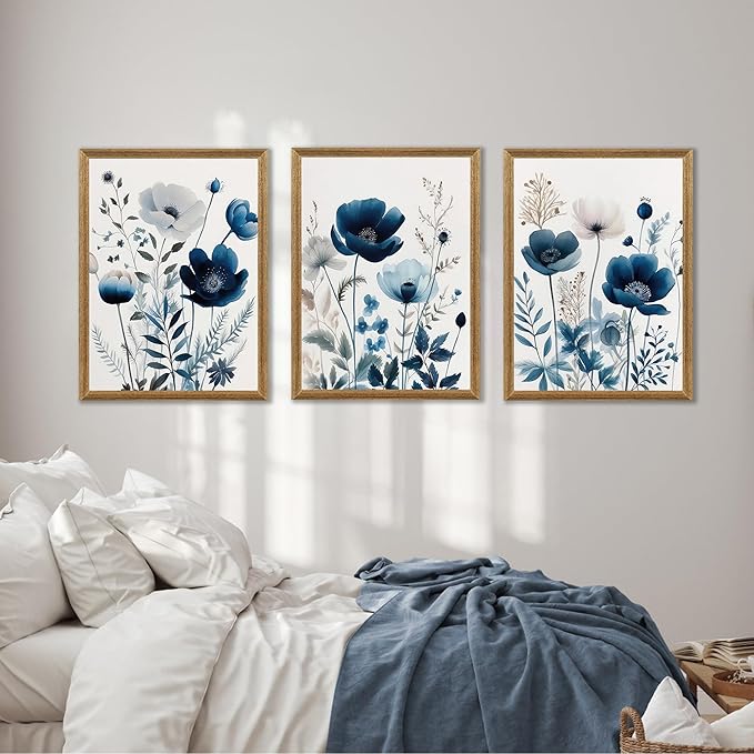 DUWQU 3 Pcs Blue Floral Canvas Wall Art, Wood Framed Navy Blue Wildflower Lily Daisy Art Wall Decor, Watercolor Botanical Flower Home Poster Art Prints for Living Room Bedroom Bathroom 12×16 Inches
