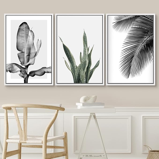 SIGNWIN Framed Canvas Print Wall Art Trio of Jungle Palms & Snake Succulents Floral Plants Photography Modern Art Minimalist Black and White for Living Room, Bedroom, Office - 16"x24"x3 White