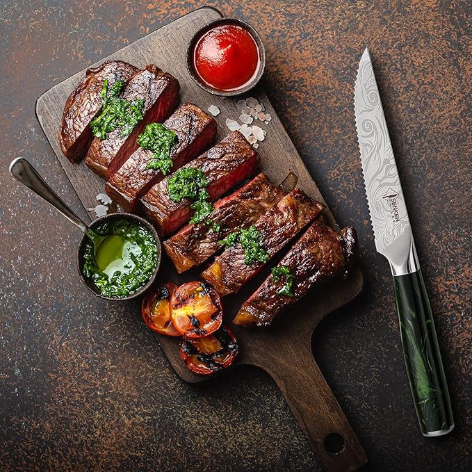 SENKEN Engraved Japanese Kitchen Knife Set with Beautiful Green Resin Wood Handles - Wasabi Collection - Chef's Knife, Bread, Cleaver, Paring, & More (16-Piece Knife Block Set)