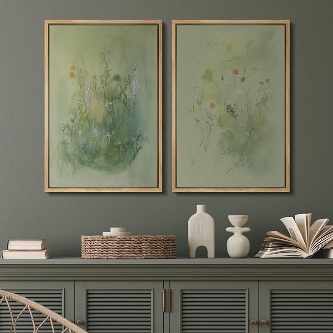 SIGNFORD Framed Canvas Print Wall Art Set Whimsical Green Wildflower Illustration Modern Art Decorative Nordic Nature for Living Room, Bedroom, Office - 24"x36"x2 Natural
