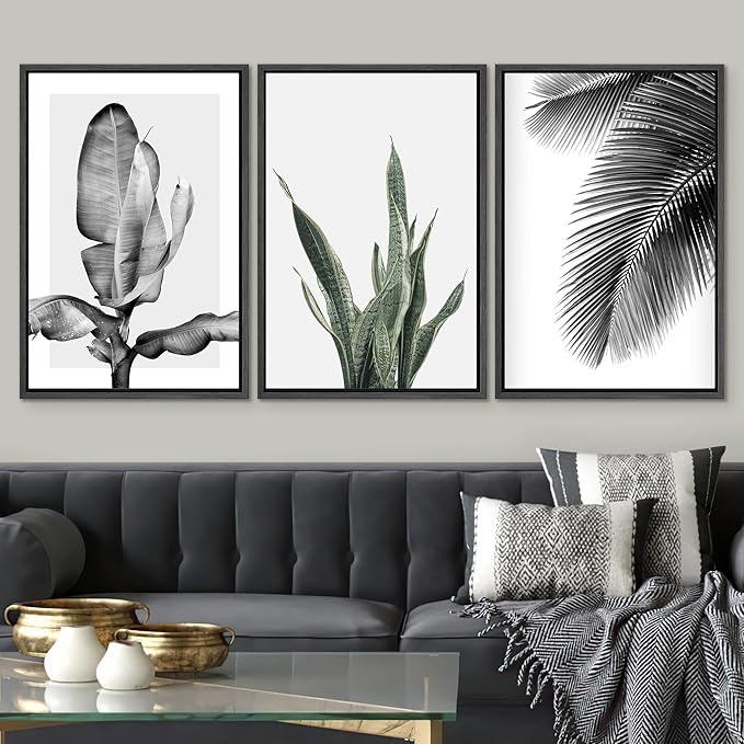 SIGNWIN Framed Canvas Print Wall Art Trio of Jungle Palms & Snake Succulents Floral Plants Photography Modern Art Minimalist Black and White for Living Room, Bedroom, Office - 16"x24"x3 Black