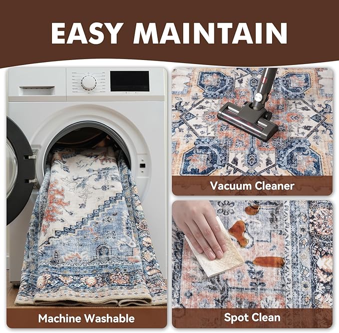 Washable Rugs for Living Room 8x10 Area Rug Soft Living Room Carpet-Rugs for Bedroom Vintage Oriental Floral Dining Room Non Slip Blue Rust