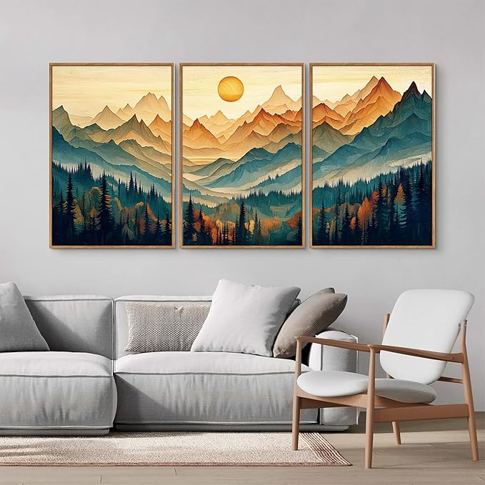 Tinonedraw Large Mountain Framed Canvas Wall Art Set of 3, Boho Nature Forest Wall Decor, Neutral Wooden Pine Trees Artwork, Sunrise Ridge Landscape Art Printing for Living Room Bedroom Office 24"x36"