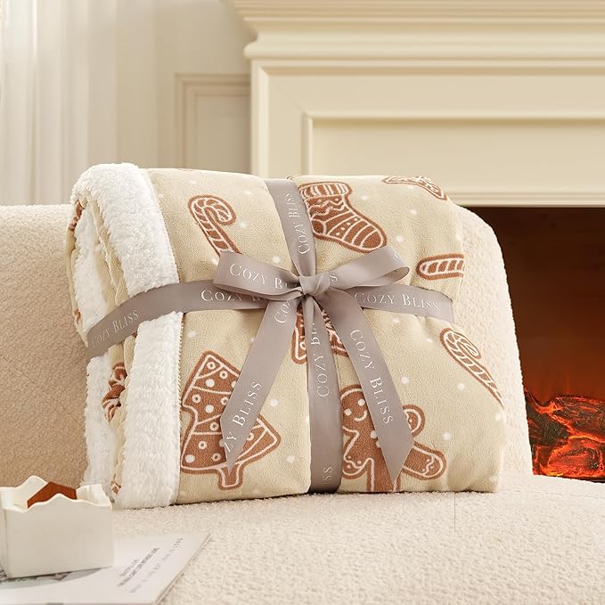 Cozy Bliss Luxury Sherpa Throw Blanket for Couch, Premium Reversible Thick Throw with Gingerbread & Candy Cane Design, Warm Cozy Soft Blanket for Home and Gifts (50 * 60)